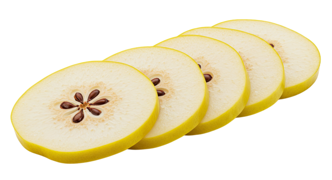 Sliced quince fruit arranged on a black background showing the core and seeds details