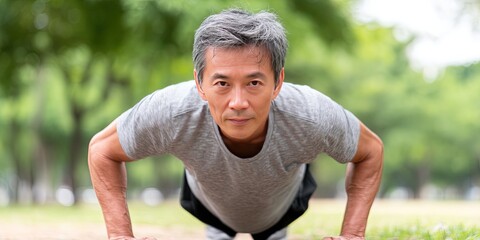 photo of older asian american man working out in the park during summer