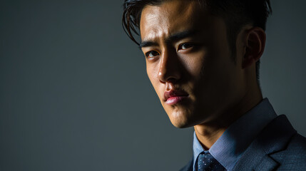 Confident young Asian businessman in navy suit, portraying professionalism and leadership