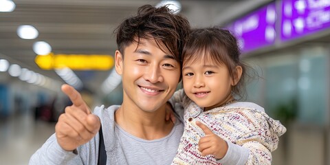 photo of proud asian american dad holding daughter in airport. she is happy and pointing -