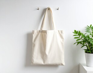 Tote bag hanging on white wall with green plant on the left. 
Simple and clean tote bag mockup hanging on a white wall with green leaves on the left, ideal for eco-friendly product presentation.
