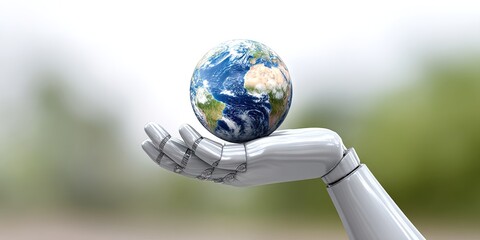 photo of robot hand holding the earth between its fingers 