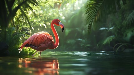 Flamingo framed by ocean and clear sky high resolution picture