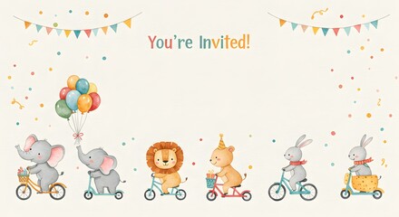 Fototapeta premium Invitation Animal Design Adorable Animals Riding Bikes Festive Birthday Party 