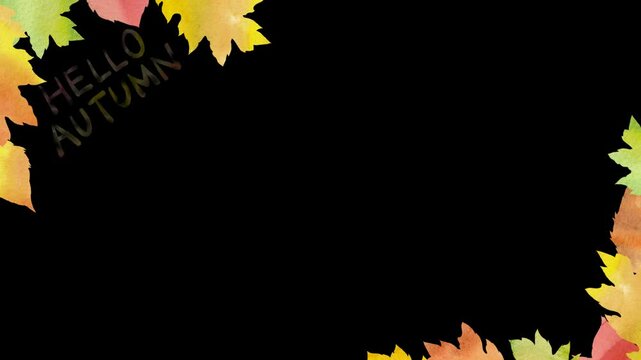 カラフルな落ち葉で飾った"HELLO AUTUMN"の文字入りフレーム。カラフルな秋をイメージした華やかな水彩タッチの&alpha;付きアニメーション。