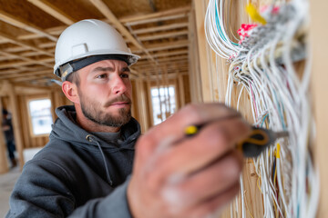 Electrician installing wires in a new home under construction