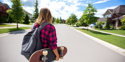 teen girl wearing backpack holding skateboard walking down suburban street