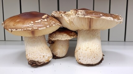 Fresh porcini mushrooms on white surface against white striped background