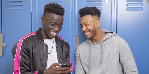 two african american students laughing in school hallway next to lockers looking at smartphone
