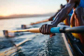 Close up, Mixed race rowing team training on a lake at dawn