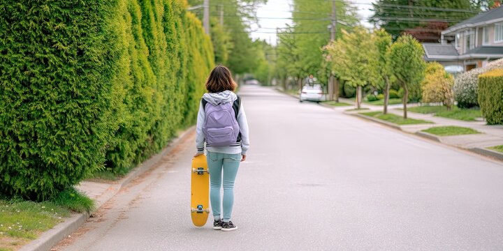 teen girl wearing backpack holding skateboard walking down suburban street - Powered by Adobe