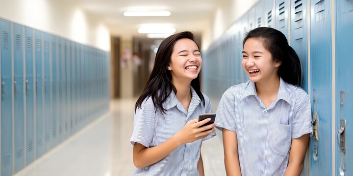 two asian students in school uniforms laughing in school hallway next to lockers looking at smartphone 
