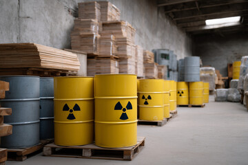 Yellow barrels with a nuclear symbol on them in an abandoned warehouse, suggesting a scene of bustling activity.