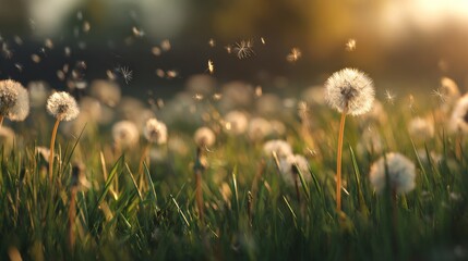 Dandelion Seeds Blowing in the Breeze Over a Sunlit Meadow