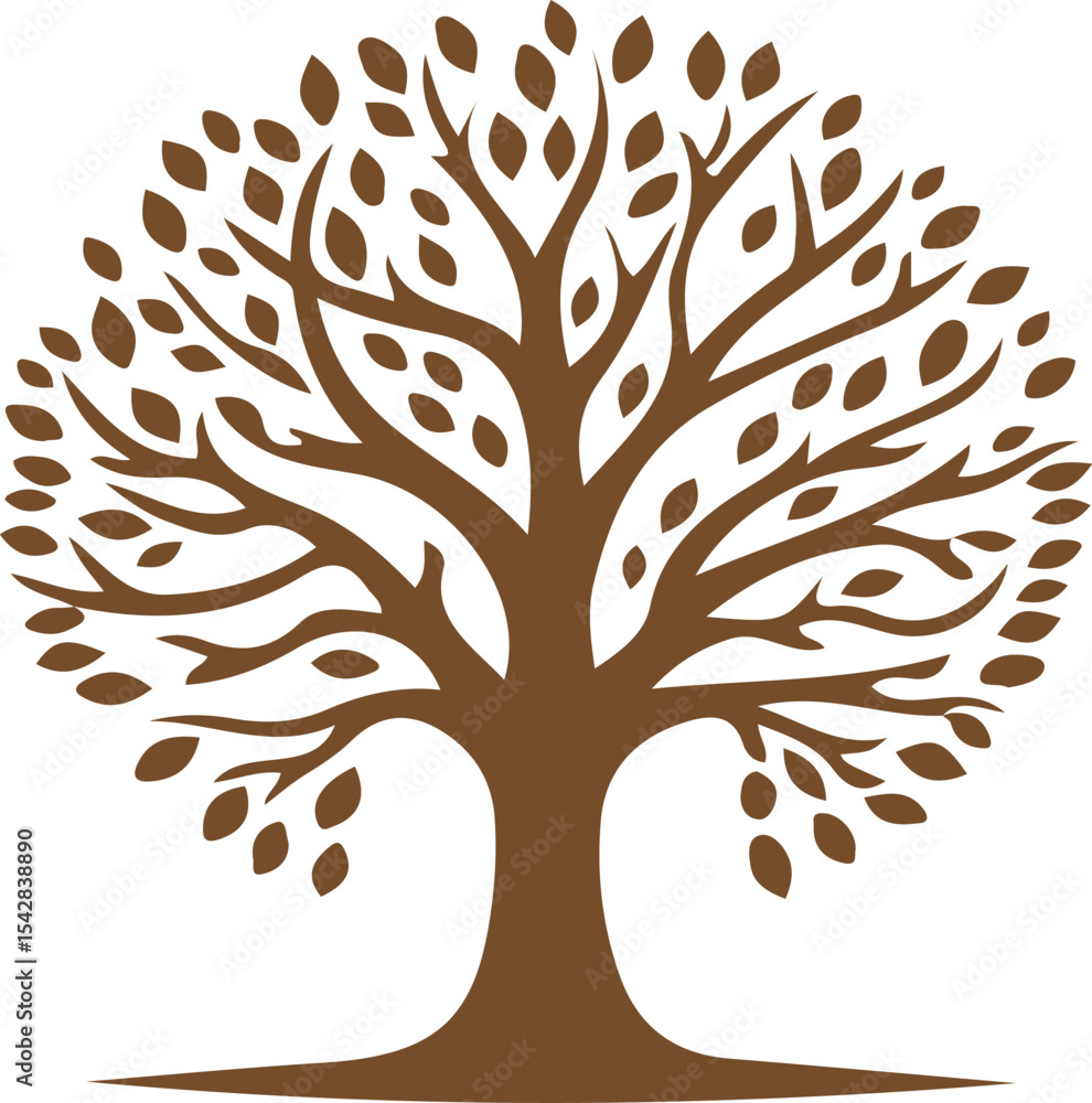Poster a stylized brown tree with rounded leaves and branches against a white background in a simple design