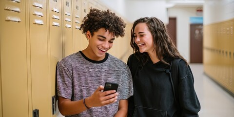 photo of two hispanic students laughing in school hallway next to lockers looking at smartphone