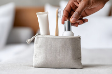 close-up of hand placing toothbrush and skincare bottle into compact travel pouch, light fabric, 