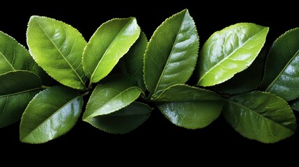 Fresh tea leaves arranged on a black background