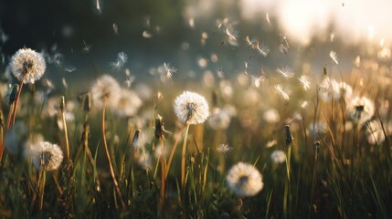 Dandelion Seeds Blowing in the Breeze Over a Sunlit Meadow