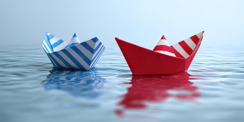 two paper boats in the water. One is made of american flag paper. One is made of China flag 