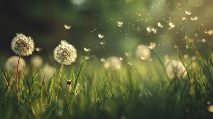 Dandelion Seeds Blowing in the Breeze Over a Sunlit Meadow