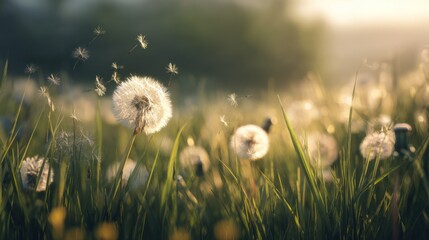 Dandelion Seeds Blowing in the Breeze Over a Sunlit Meadow