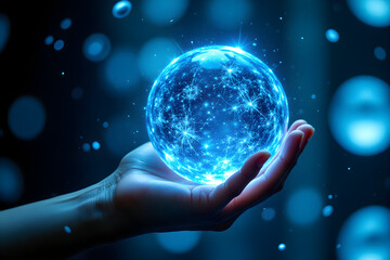 Immersive Data Sphere with Sapphire Glow and Depth in Human Hand for Learning and Innovation