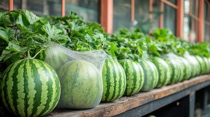 Fresh Watermelons on Wooden Shelving, Greenhouse Background
