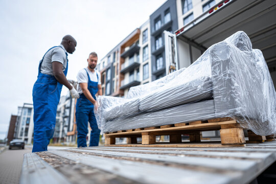 Two professional male international movers unloading furniture from a truck, one is wearing blue overalls and the other man has a white shirt. The sofa is covered by plastic wrap.