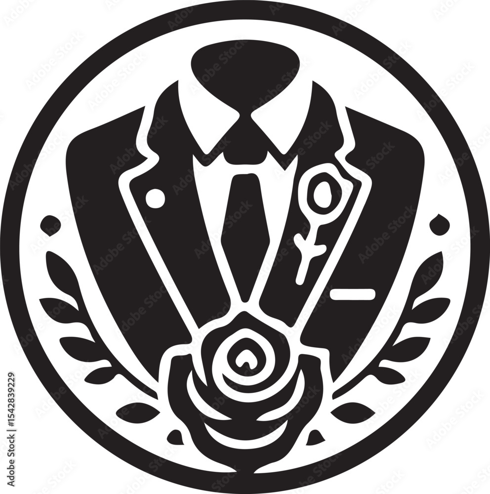 Poster a black and white emblem featuring a suit with a tie and a rose within a circular border design elem