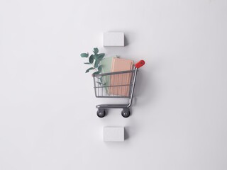 Top Down View of Shopping Cart with Books and Greenery on White Backdrop
