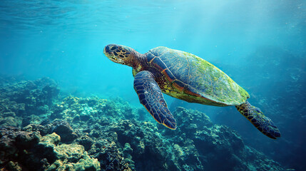 Fototapeta premium Endangered Hawaiian Green Sea Turtle gliding through ocean waters, a serene glimpse of marine conservation in action