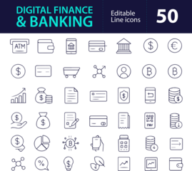 Digital Finance and Banking Line Icon Set, Editable Vector Icons for Online Payments, E-Wallets, and Fintech Services

