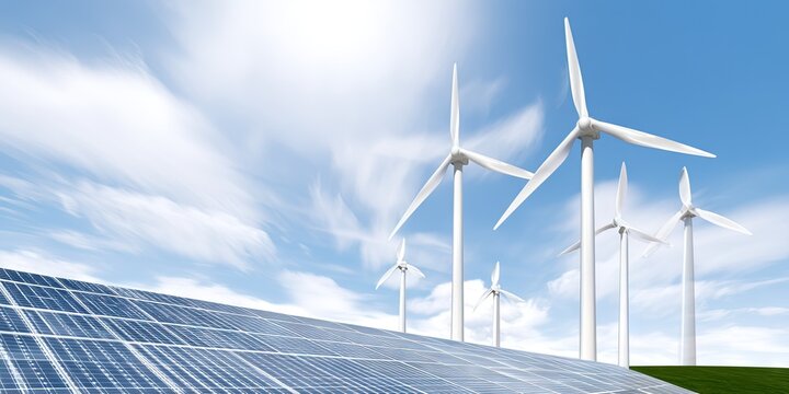 photo of wind turbines and solar panels generating sustainable green energy