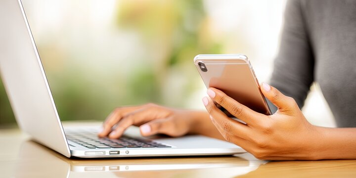 photo of woman holding smartphone in one hand while typing on laptop with other hand -