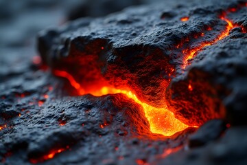 Thick lava slowly engulfing a rock ledge, close-up detail.
