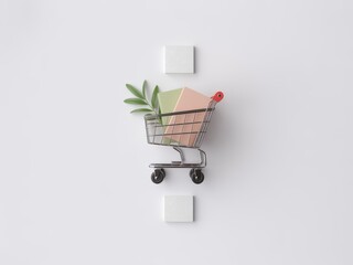 Shopping Cart with Books and Plant on White Background with Square Accents