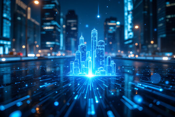 Obraz premium Urban Architect Concepts of Digital Twin Using Augmented Reality with Electric Sapphire Glow