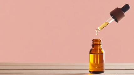 Dropper Dispensing Liquid into Amber Bottle on Wooden Surface