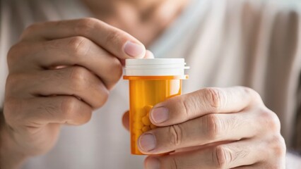A person is opening a prescription medication bottle, preparing to take medication.