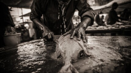 Close-Up of Hands Cleaning Fresh Fish at Outdoor Market in Black and White