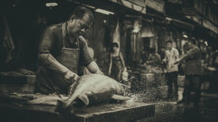 Master Fishmonger at Work in Bustling Asian Market – Black and White Street Photography