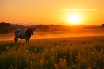 Serene Sunset Over a Grazing Cow in a Vibrant Field Under an Orange Sky