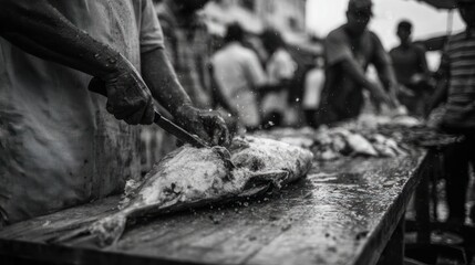 Hands at Work: Fish Cutting Scene in Crowded Market Street – Monochrome Action Shot