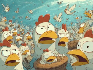Many chickens and birds in a chaotic scene.