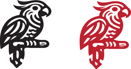 Two parrot illustrations one in black and one in red perched on a branch with white background design