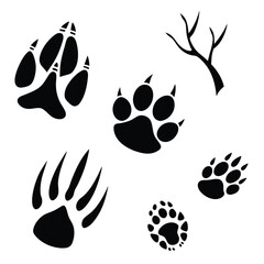 Black animal paw prints and claw marks arranged on a plain white background for design