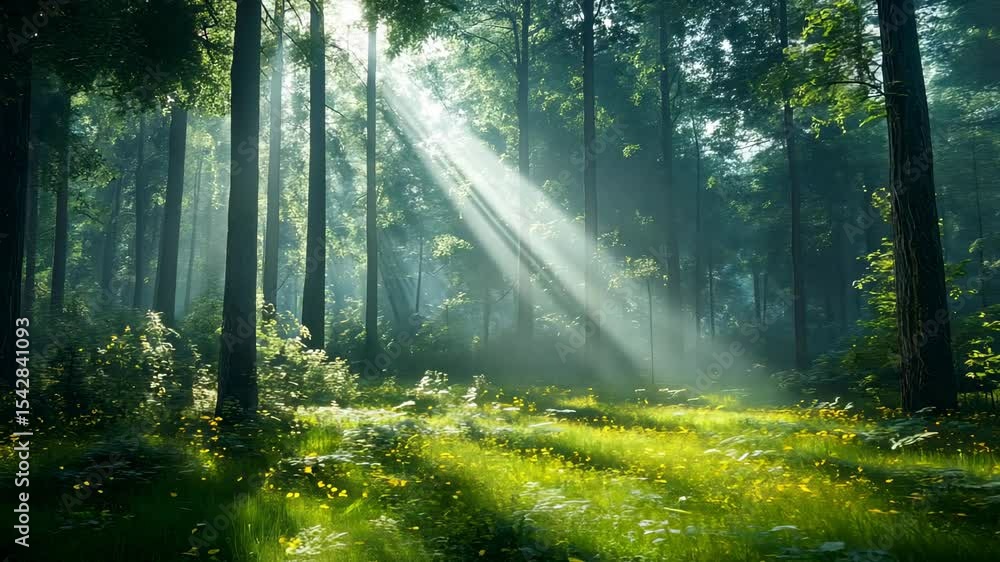 Poster sunlight streams through a tranquil forest.