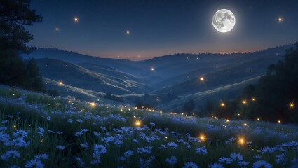 Naklejka premium Night Meadow Glows Under Moonlight with Flowers and Rolling Hills