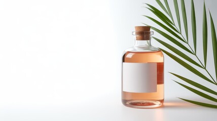 Elegant Bottle with Blank Label and Palm Leaf on White Background